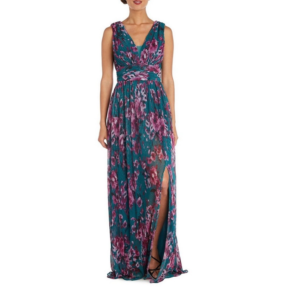 NWT R&M Richards Nightway Lurex Mesh Floral Maxi Dress Teal Color Size 10